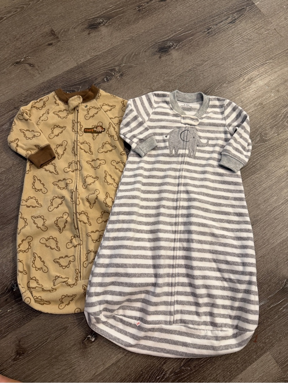Cozy Striped & Dinosaur Baby Sleep Sacks - Neutral Gray & Tan bundle of 2